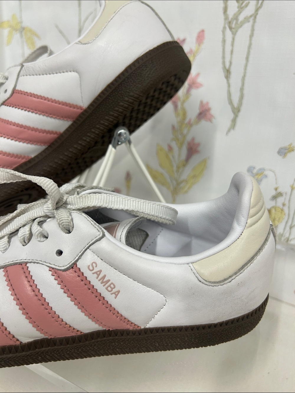 adidas Samba Sneakers - White with Pink Stripes and Brown Sole - Picture 4 of 14